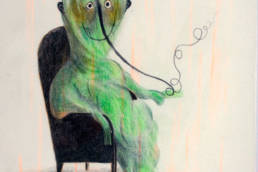 Une illustration encadrée de Clotilde Perrin représentant un personnage dans un fauteuil