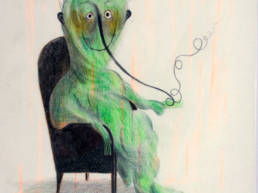Une illustration encadrée de Clotilde Perrin représentant un personnage dans un fauteuil